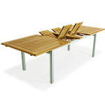 The Double Extension Teak Aluminum Table is great for entertaining family and friends. Can seat up to 12. Rated Best Overall.   All of our teak Furniture, Outdoor Furniture, Patio Furniture, Outdoor Patio Furniture, Teak Outdoor Patio Furniture is covered by our lifetime warranty.  Teak benches, Teak chairs, teak tables, and replacement cushions.