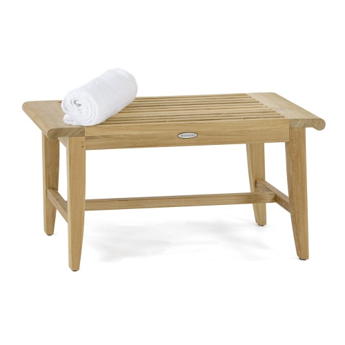 13068 Laguna teak 3 foot long Backless Bench with rolled towel on top angled on white background