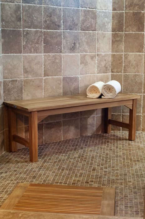 13940RF Teak Refurbished 4 foot Backless Bench with 2 rolled towels on tiled shower against tiled wall 