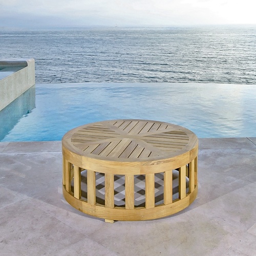14171 Kafelonia Round Coffee table on concrete patio overlooking ocean