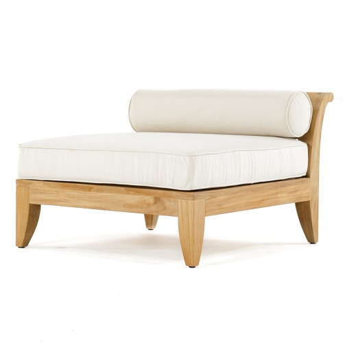 16766 aman dais teak sectional end base with a front view and canvas colored bolster and cushion on a white background