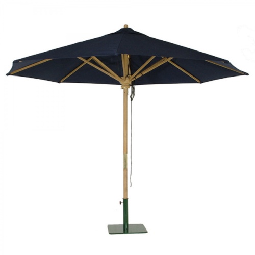 17542 teak round market table umbrella with forest green canvas canopy extended in our parasol metal base on white background