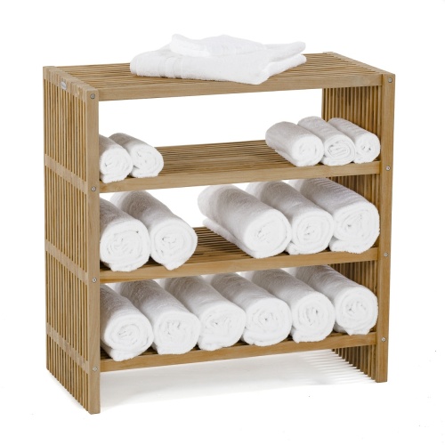 18220 Teak Storage Shelf 31 and half inch with towels rolled up on 3 shelves and open white towel on top on white background
