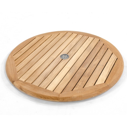 18705 round 32 inch teak lazy susan with closeup showing umbrella hole plug angled view on white background