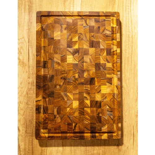 19123 Butcher Block 17 inch x 11 inch Rectangle Charcuterie Cutting Board aerial view on a counter top 