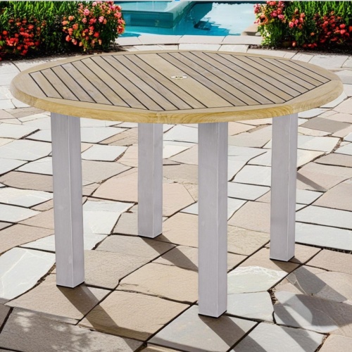 25013 Vogue 4 foot Round Teak Table angled side view on white background