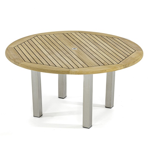 25014RF Vogue teak and stainless steel 5 foot Round Table angled top and side view on white background