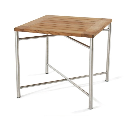  25815 Odyssey Teak and Stainless Steel 32 Inch Square Outdoor Folding Table side angled view on white background