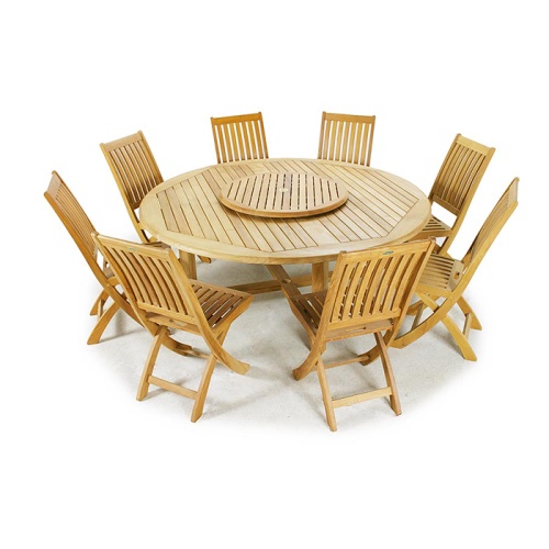70018 Buckingham Barbuda teak 9 piece round Dining Set aerial view of 8 folding teak side chairs and 72 inch round teak dining table with optional teak lazy susan on white background 
