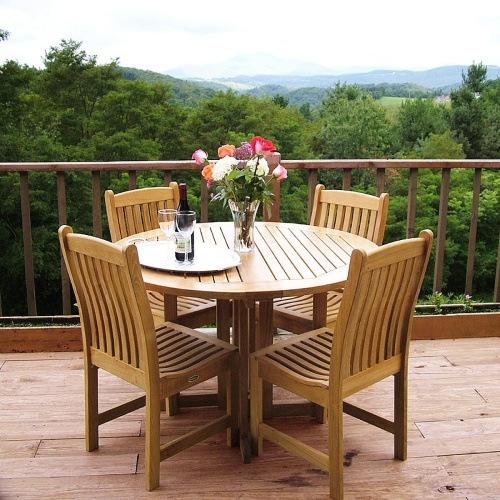 70054 Veranda Barbuda 5 piece Dining Set on wooden deck next to railing with vase of flowers serving tray with wine bottle and 2 wine glasses on table overlooking mountains and trees