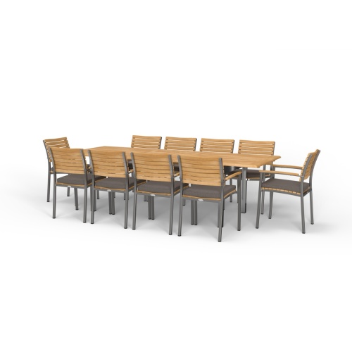 70055 Vogue 11 piece Dining Set in angled side view with Vogue Rectangular Table and 10 Dining Armchairs with optional seat cushions on white background 