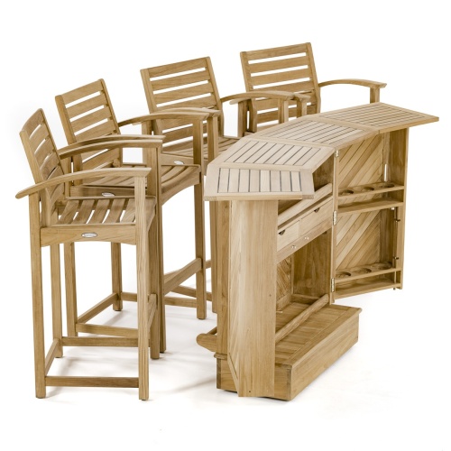 70072 somerset teak bar and stool set with 4 barstools with armrests and teak bar opened side view on white background