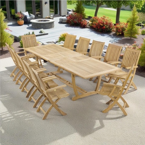 70095 Barbuda Veranda teak patio set with extendable rectangle table and twelve folding arm chairs on white background