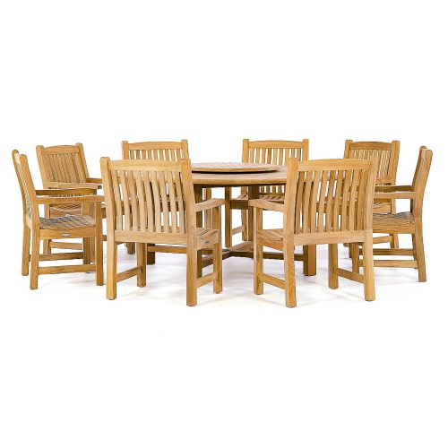 70173 Buckingham 9 pc teak Dining Set with optional teak lazy susan in center of table side view on white background
