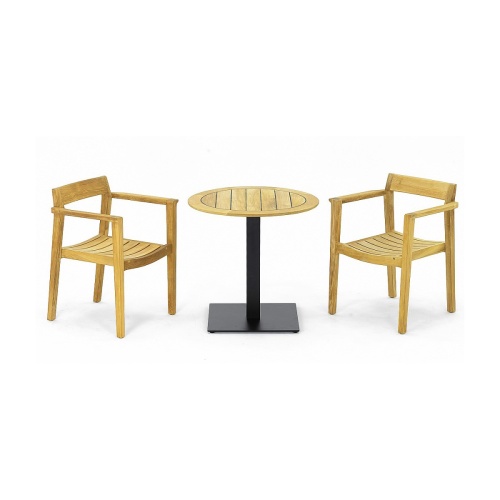 70222 Horizon 3 pc Teak Bistro Set of Round 30 inch Bistro Table and 2 Horizon Teak Dining Chairs side angled view on white background