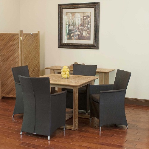 70235 Horizon Apollo 5 piece Dining Set of Horizon teak 39 inch square dining table and 4 Apollo chairs in tobacco color on wood floors a picture on wall and privacy screen in back