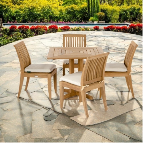 70292 Pyramid Laguna 5 piece teak Dining Set with optional seat cushions angled view on white background