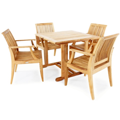 70302 Laguna teak 5 piece Dining Set of 4 teak dining chairs and a square teak dining table on white background