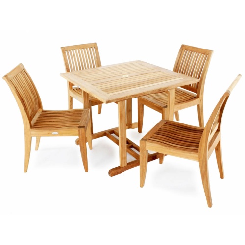 70304 Laguna teak 5 piece Dining Set of Square teak dining table and 4 teak side chairs on white background