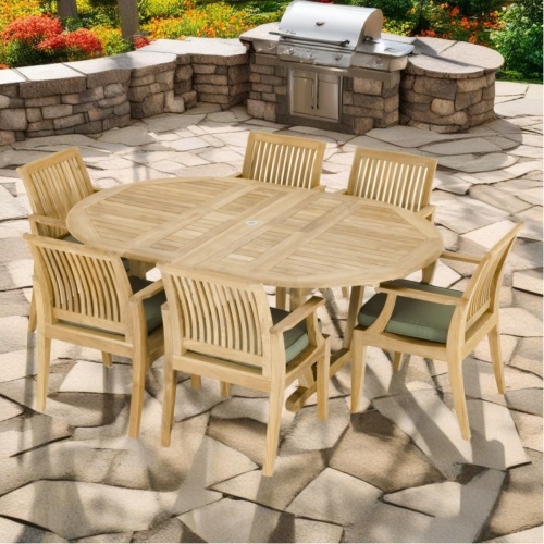 70306 Martinique 7 piece teak Dining Set with optional seat cushions angled aerial view on white background