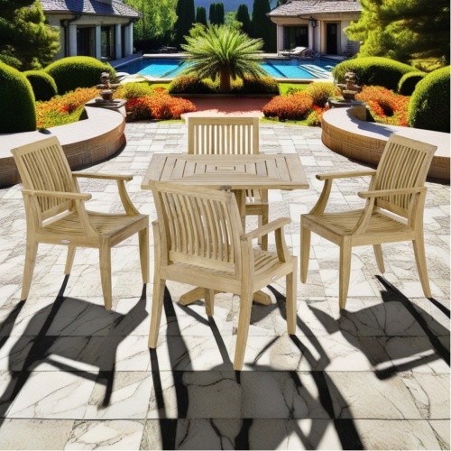  70417 Laguna Pyramid 5 piece teak Dining Set of 4 dining armchairs and 36 inch square teak table side view on marble patio with pool and plants in background 