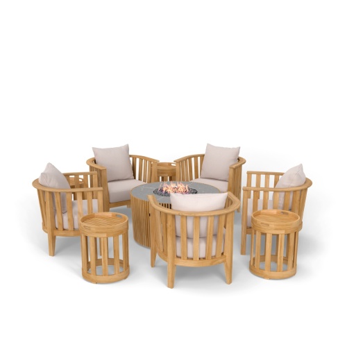 70421 Kafelonia 9 pc Fire Pit Seating Set showing 5 Kafelonia Club Chairs and 4 Side Chairs and Agora Fire Table  in angled view on white background