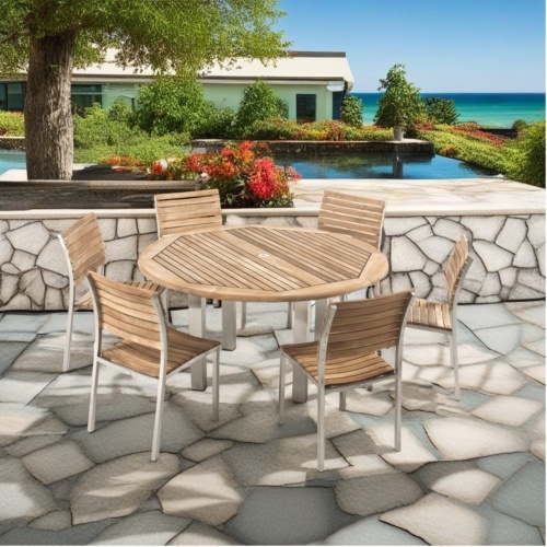 70428 Vogue 7 piece teak and stainless steel round Dining Set angled view on white background