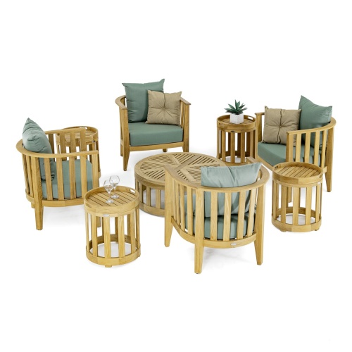 70437 Kafelonia nine piece teak lounge set  with two throw pillows on two chairs potted plant and two wine glasses on teak side tables on white background 