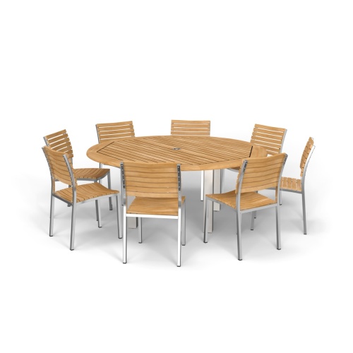 70444 Vogue Teak Dining Set for 8 of  Vogue 6 ft Round Table and 8 Vogue Side Chairs in angled top view on white background