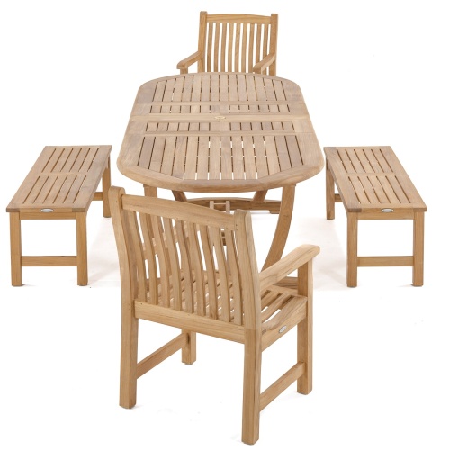 70446 Montserrat 5 piece Picnic Set of 2 Veranda armchairs and 2 Veranda backless benches and Montserrat oval teak extendable table aerial end view on white background