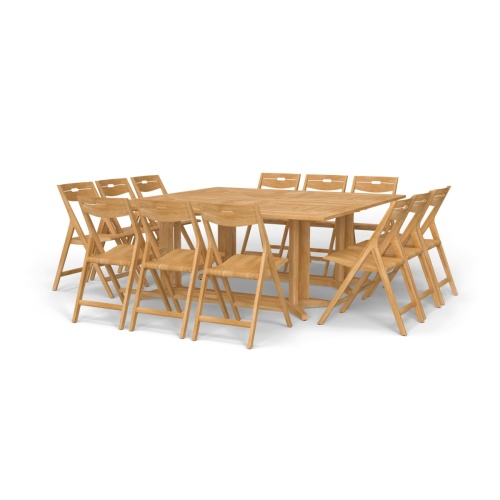 70458 Surf Pyramid Dining Set for 12 shown with 12 Surf Dining Chairs and 2 Pyramid Rectangular teak Dining Tables in angled corner view on white background