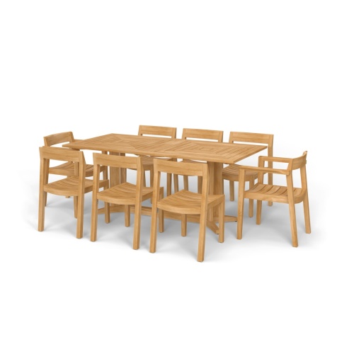 70462 Pyramid Horizon 9 pc Teak Dining Set of a Pyramid Rectangular Table and 2 Horizon Dining Chairs and 6 Horizon Side Chairs in angled end view on white background 