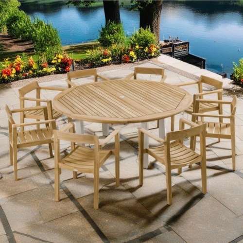  70487 Horizon Vogue Teak Dining Set for 8 showing 8 teak armchairs and a teak 72 inch round dining table angled top view on white background