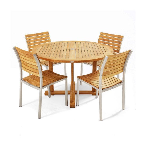 70490 Vogue 48 inch Dining Set of 4 Vogue Teak and Stainless Steel SIde Chairs around a Round 48 inch Dia Teak Table angled top view on white background  
