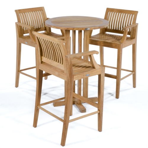 70504 Laguna 4 piece teak Pub Set of 3 barstools with armrests around a  Round 30 inch diameter Table on white background