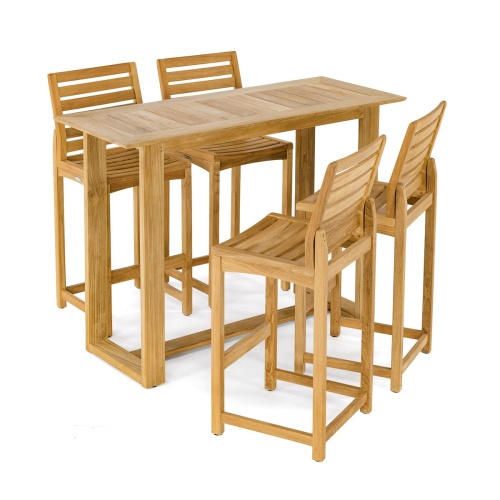 70512 Somerset 5 piece teak Barstool and Bar Set angled on white background