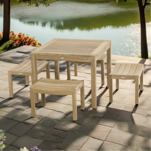 70521 Pacifica 5 piece square Cafe Set on stone patio with lake and trees in the background