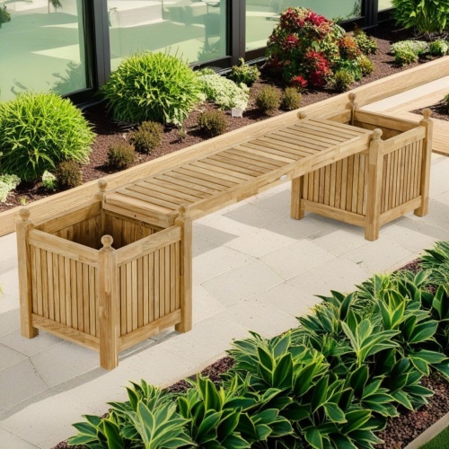 70530 single teak planter bench set showing two planters and one seat panel set on walkway lined with landscaping plants against building in background