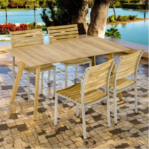  70552 Vogue Surf 5 piece teak and stainless steel Dining Set of 4 teak and stainless steel side chairs and a 5 foot rectangular table side angled view on white background