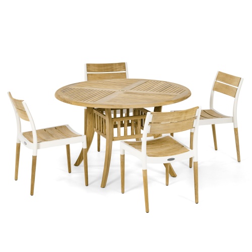 70561 Grand Hyatt Bloom Dining Set of Grand Hyatt 48 inch round teak dining table and 4 Bloom teak and powder coated side chairs angled view on white background