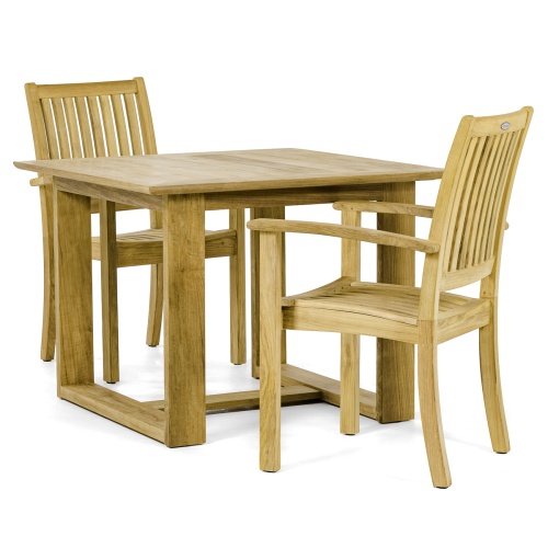 70583 Horizon Sussex 3 piece teak Dining Set of Horizon teak 39 inch square dining table and 2 Sussex teak dining chairs angled view on white background
