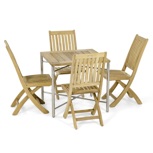 70594 Odyssey Barbuda teakwood Dining Set of Odyssey 32 inch square teak dining table and 4 Barbuda teak folding side chairs on white background
