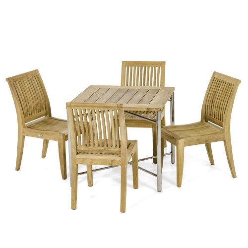 70595 Odyssey Square Laguna Teak Dining Set of Odyssey teak and stainless steel 32 inch square dining table and 4 Laguna teak side chairs angled view on white background