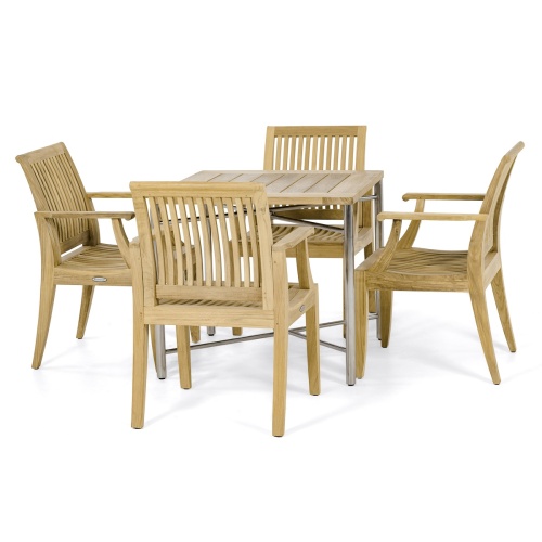 70598 Odyssey Laguna 5 piece Dining Set of Odyssey teak and stainless steel square dining table and 4 Laguna teak dining chairs on white background