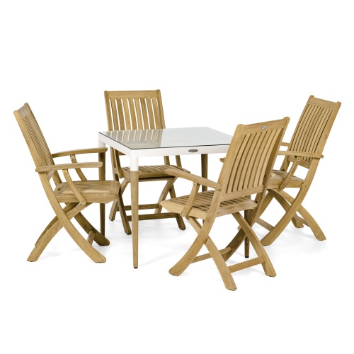 70602 Bloom Barbuda 5 piece Dining Set of a Bloom teak and aluminum 32 inch square dining table and 4 Barbuda teak folding dining chairs on white background