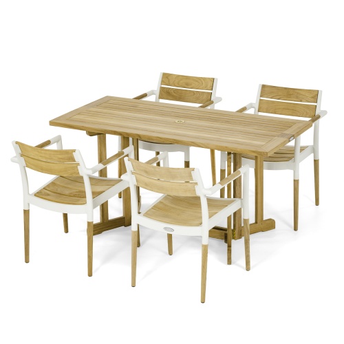 70604 Bloom Nevis 5 piece Rectangular Dining Set of 4 Bloom teak and powdered coated aluminum side chairs and Nevis teak 60 inch rectangle table angled on white background