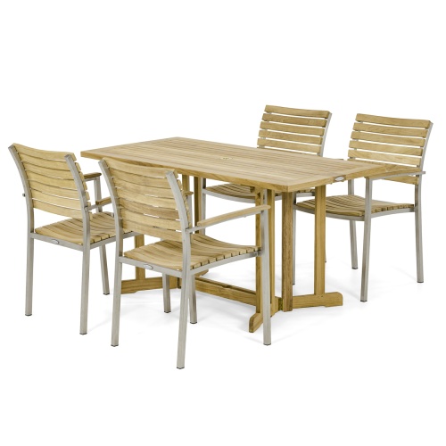 70606 Vogue Nevis 5 piece teak and stainless steel dining set of 4 teak and stainless steel side chairs and teak rectangular dining table angled side view on white background