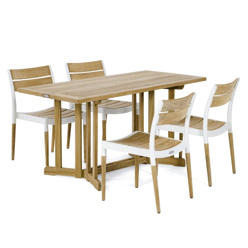 70609 Nevis Bloom 5 piece Dining Set of Nevis teak 60 inch rectangular dining table and 4 Bloom teak and powdered coated aluminum side chairs on white background