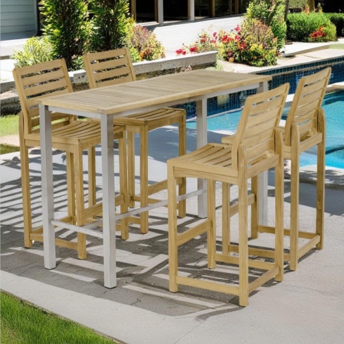 70631 Somerset Vogue 5 piece Rectangular Pub Barstool Set of a teak and stainless steel Bar Table and 4 teak side barstools end angled on patio with plants and house in background 