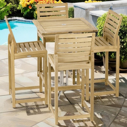 70636 Somerset Vogue 5 piece Bar Set of 4 teak side barstools and 30 inch square teak and stainless steel bar table side view on stone patio with pool and landscaping plants in background